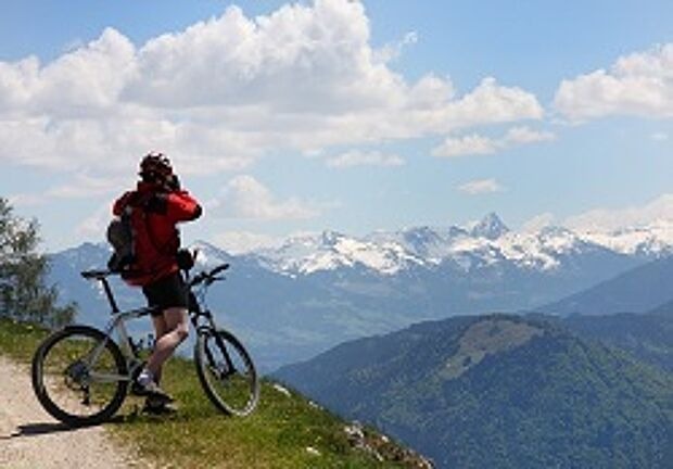 Mann mit Fahrrad blickt auf Berge 