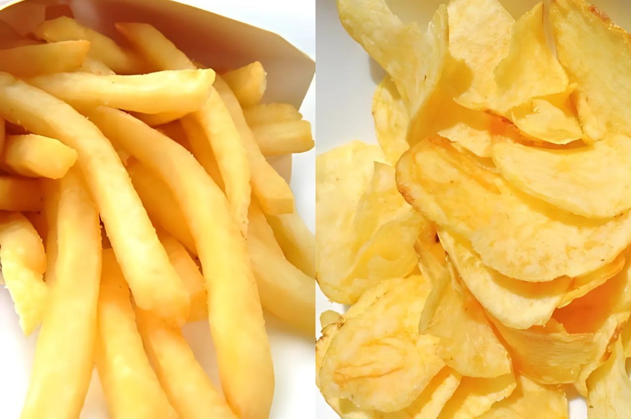 Pommes frites auf der linken Seite und Kartoffelchips auf der rechten Seiten